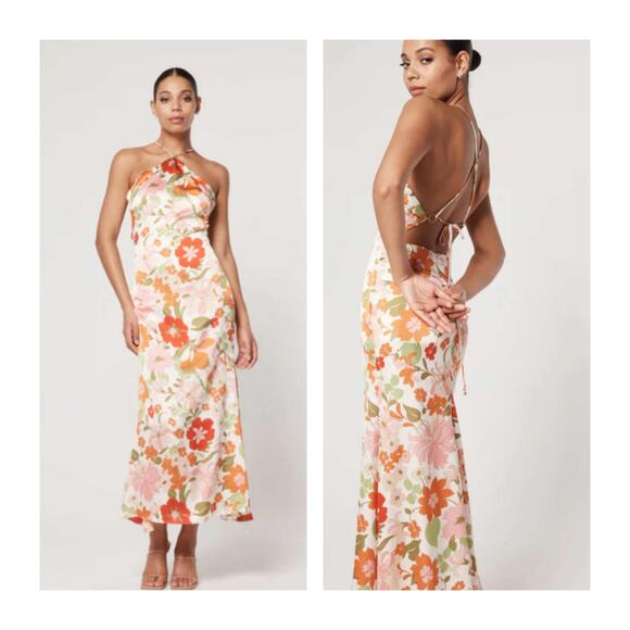 Elliatt Women's Khloe Maxi Dress, Size XL Halter Floral 70s Tie Back - Picture 1 of 7